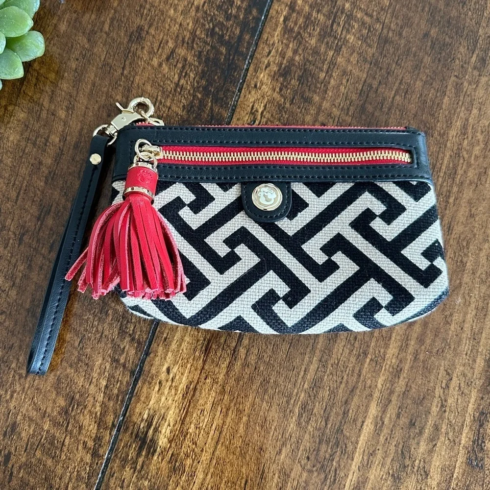 Spartina 449 | Linen & Leather Wristlet in a Cream, Black & Red Geometric Print